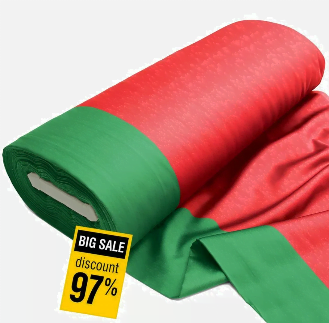 Roll of material for sewing fabrics colored in color of Belarussian flag with ediscount label.