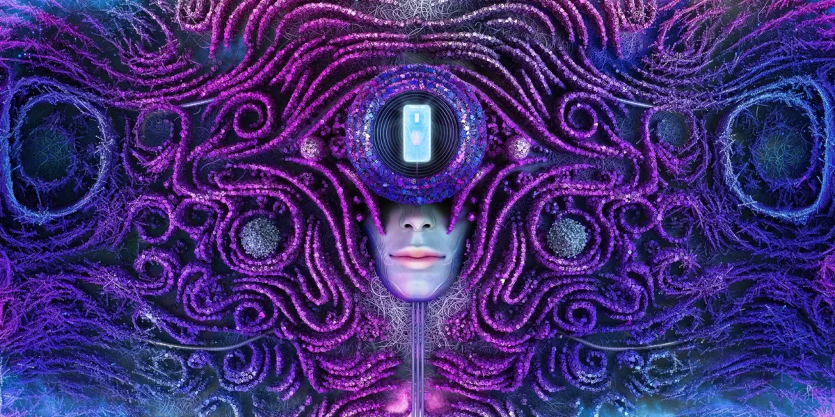 Human with phone on forehead. All image wrapped in flow of lines with internet icons.