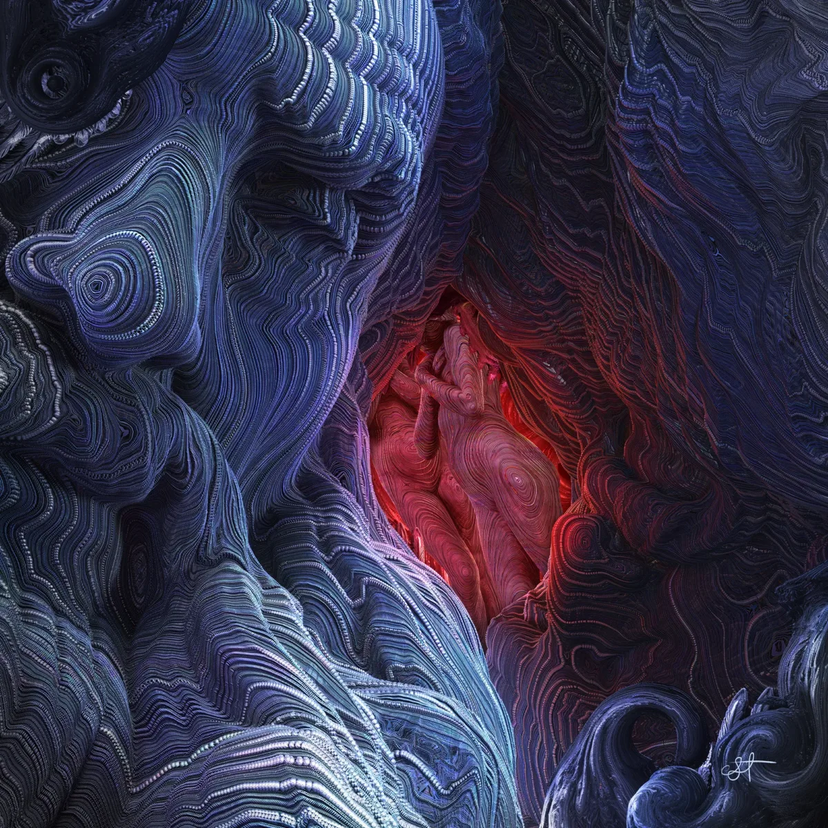 Picture made from waves of chain. The elder in blue tones before beautiful woman's bodies figures in red.