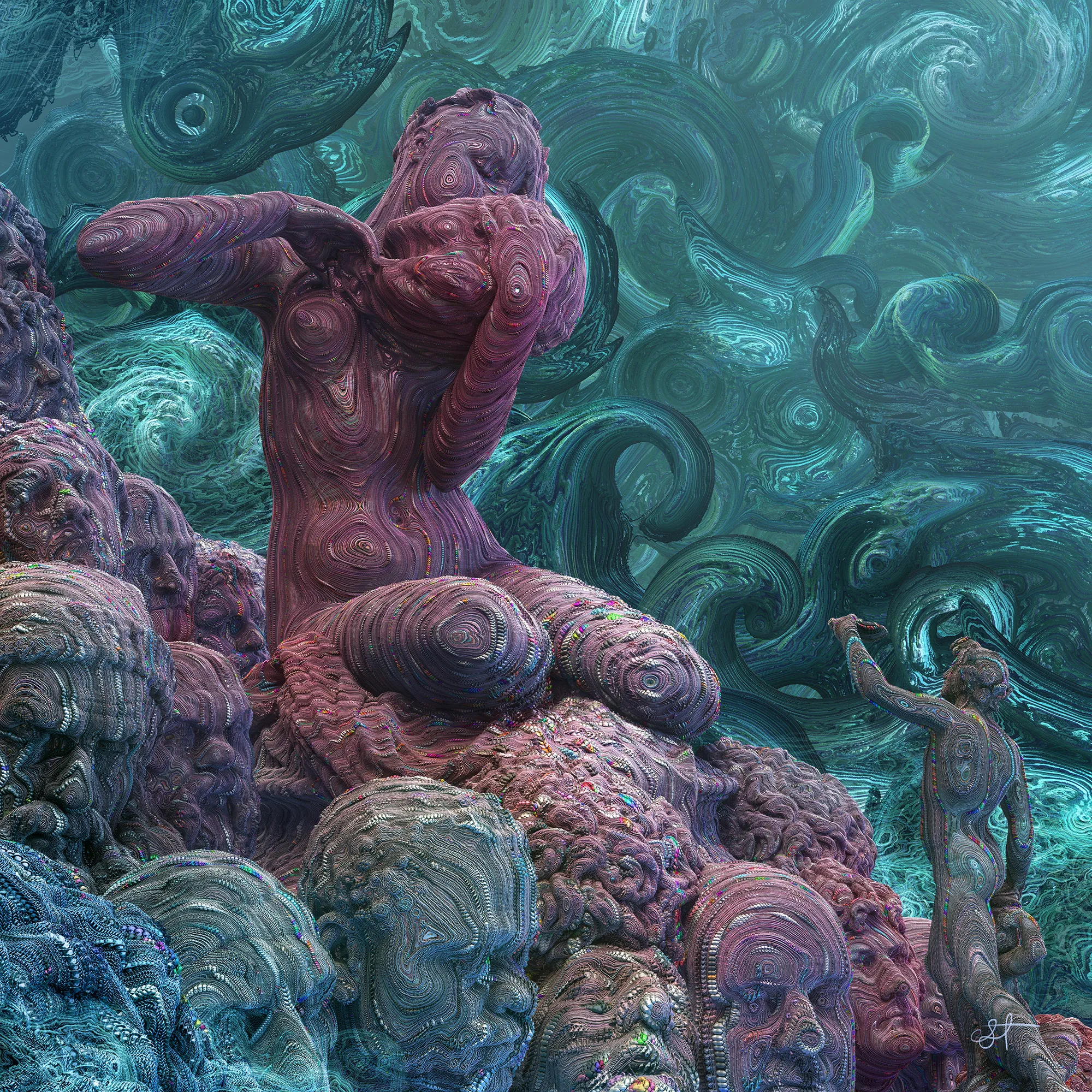 Naked woman in purple tones sit on man's head's. Background in turquoise tones with sea waves.