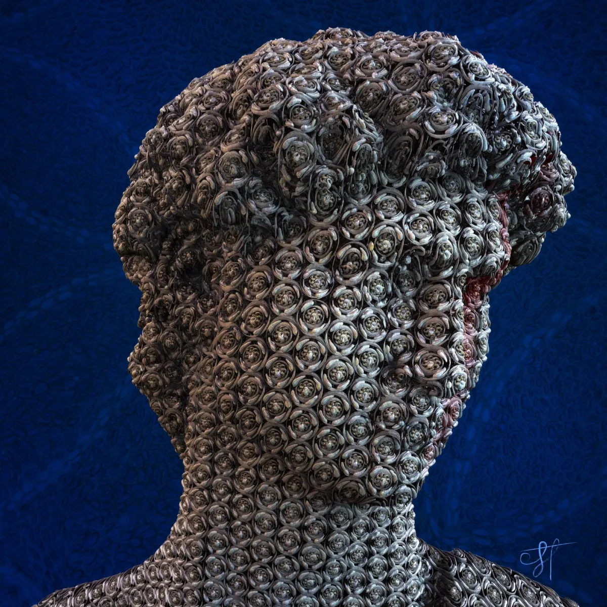 Print from contemporary artist Gabriel Halo - David#20 for sell. “David” is recognized as the standard of male beauty of the Renaissance and one of the most significant masterpieces of world art. And now a modern embodiment of the ideal in digital format is presented to your attention. This version of the metamorphosis is made from circles of fractal patterns.