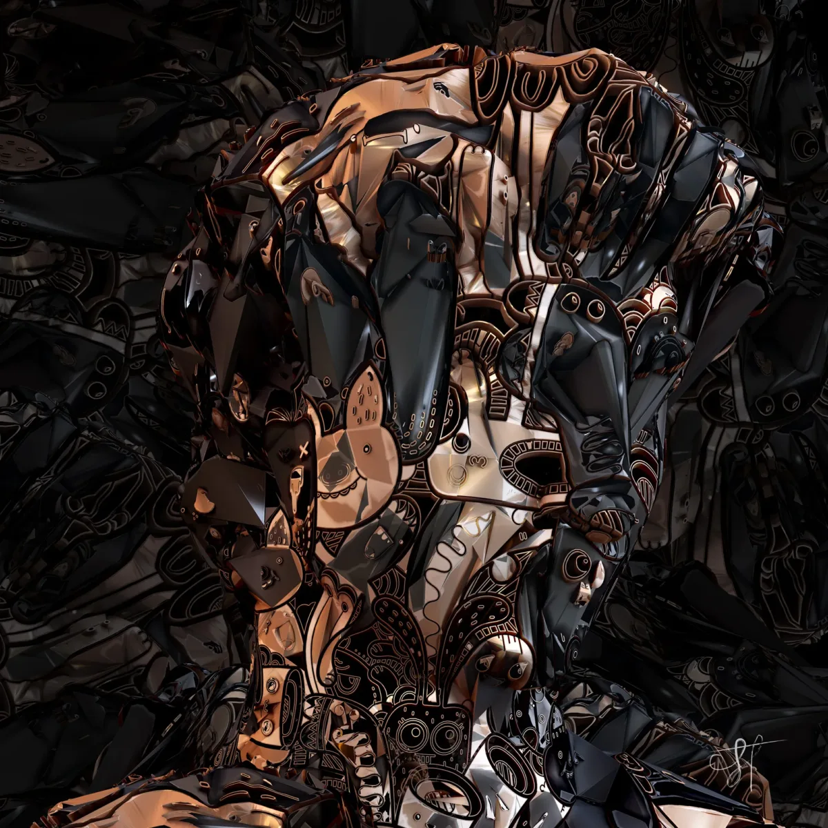 Print from contemporary artist Gabriel Halo - David#28 for sell. This version of the metamorphosis is made from black and gold-plated parts of devices.