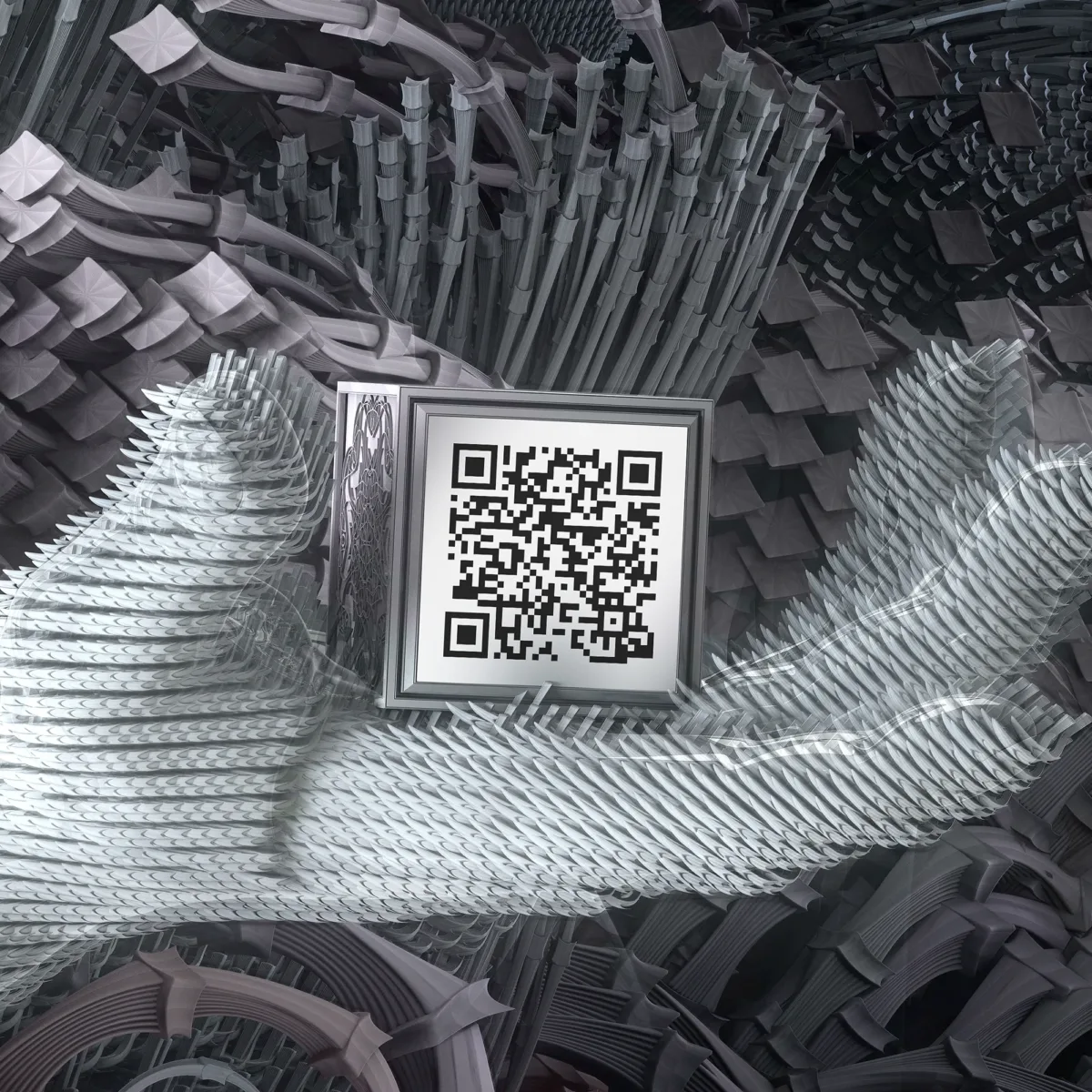 Woman in holographic style present to look in her hand QR code.
