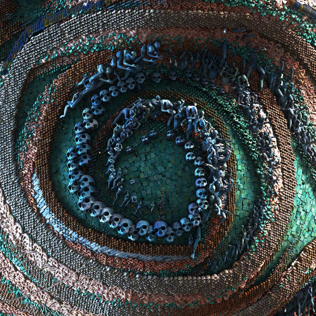 Image with woman made with waves of turquoise plates, skulls and humans bodies. Background with horses and figures of peoples.