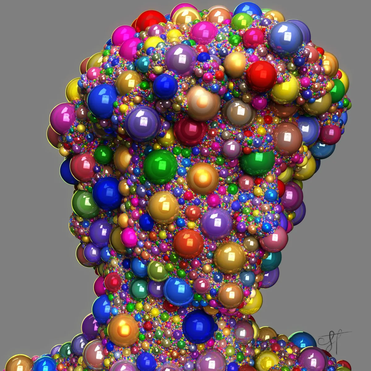 Print from contemporary artist Gabriel Halo - David#38 for sell. This version of the metamorphosis is made from bright colored balls. In reflections of balls you can see human model from Da Vinchi artist.