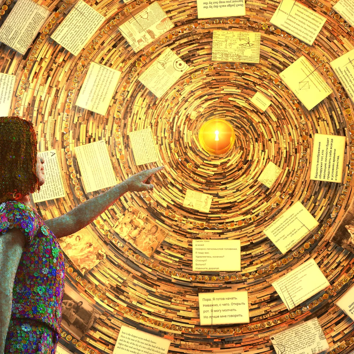 A girl surrounded by statues of wise men stands on a stack of books pointing to a small sun around which pages from Russian scientific and philosophical books rotate. She holding a teddy bear in her hand.