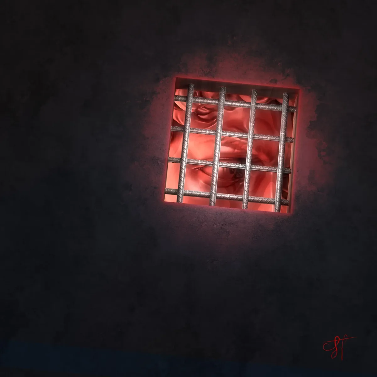 Print from contemporary artist Gabriel Halo - David#41 for sell. In this version of the metamorphosis you can see protagonist under jail trellis with strong look in red tones.