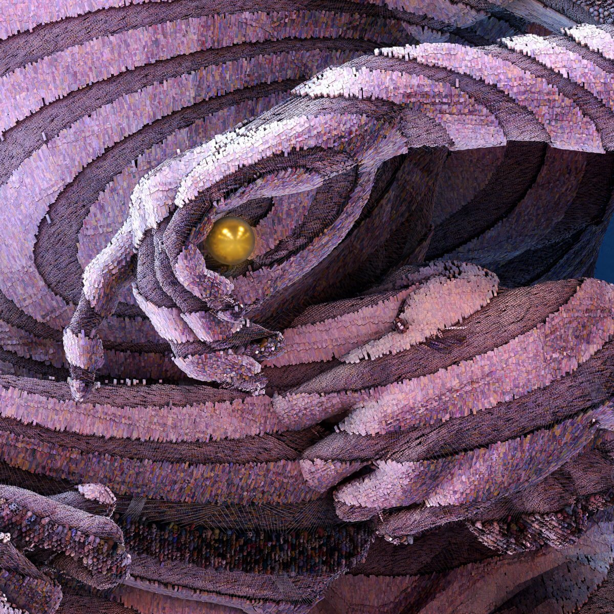 Image with purple waved tones. Voices whisper to the man while he hides the golden ball. On left hand sitting small woman figure.