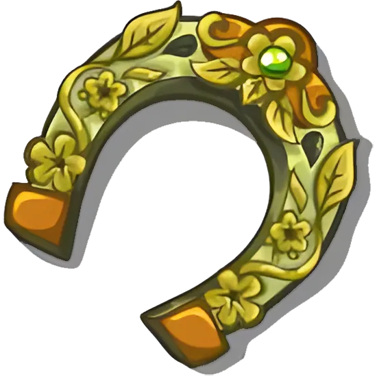 Green horseshoe icon adorned with green pearl, petals of flowers and tree leafs.