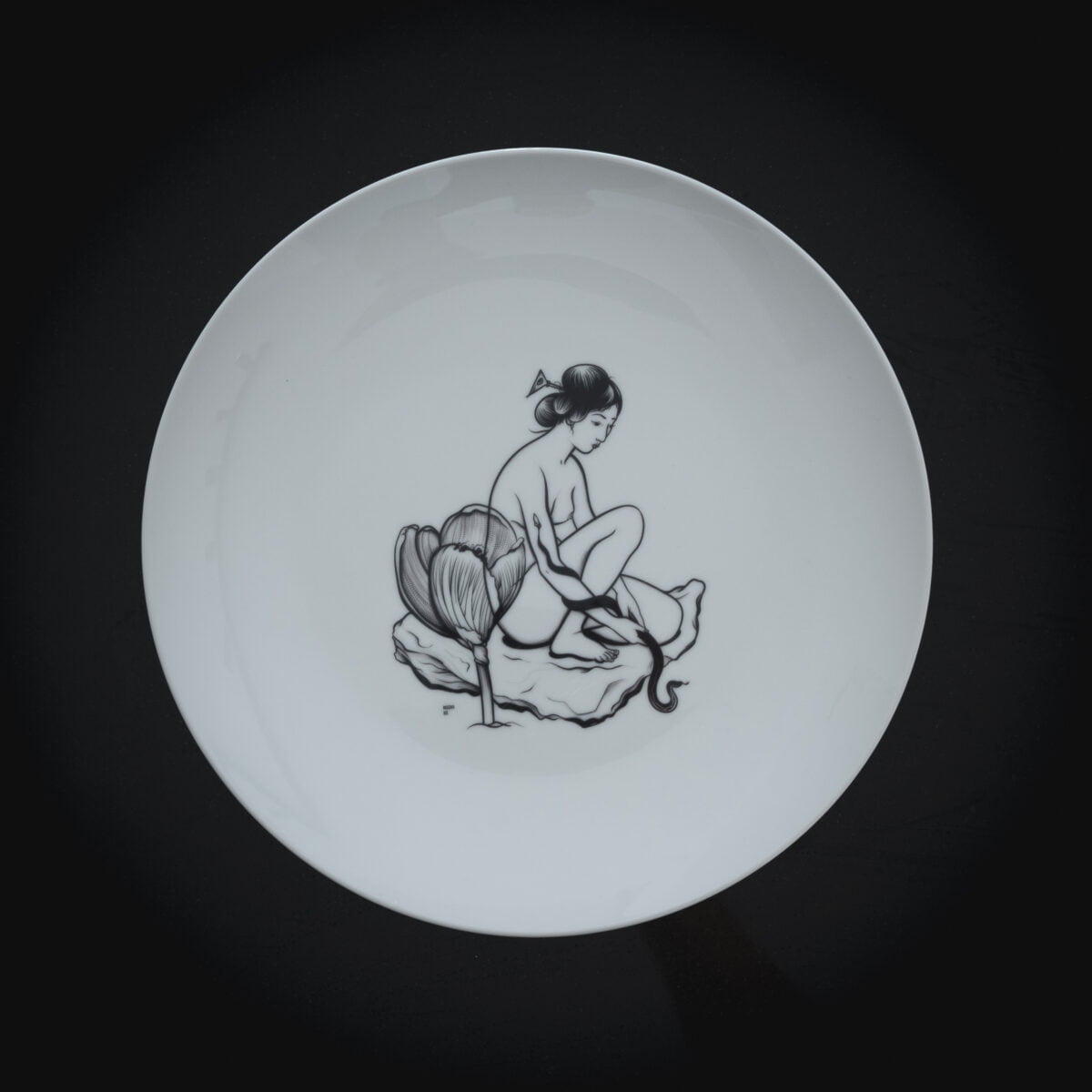 Original plate from contemporary artist - Masha Bo for sell. Plate with image of naked woman sitting on lotus plant leaf and braids her hair. View from forward.
