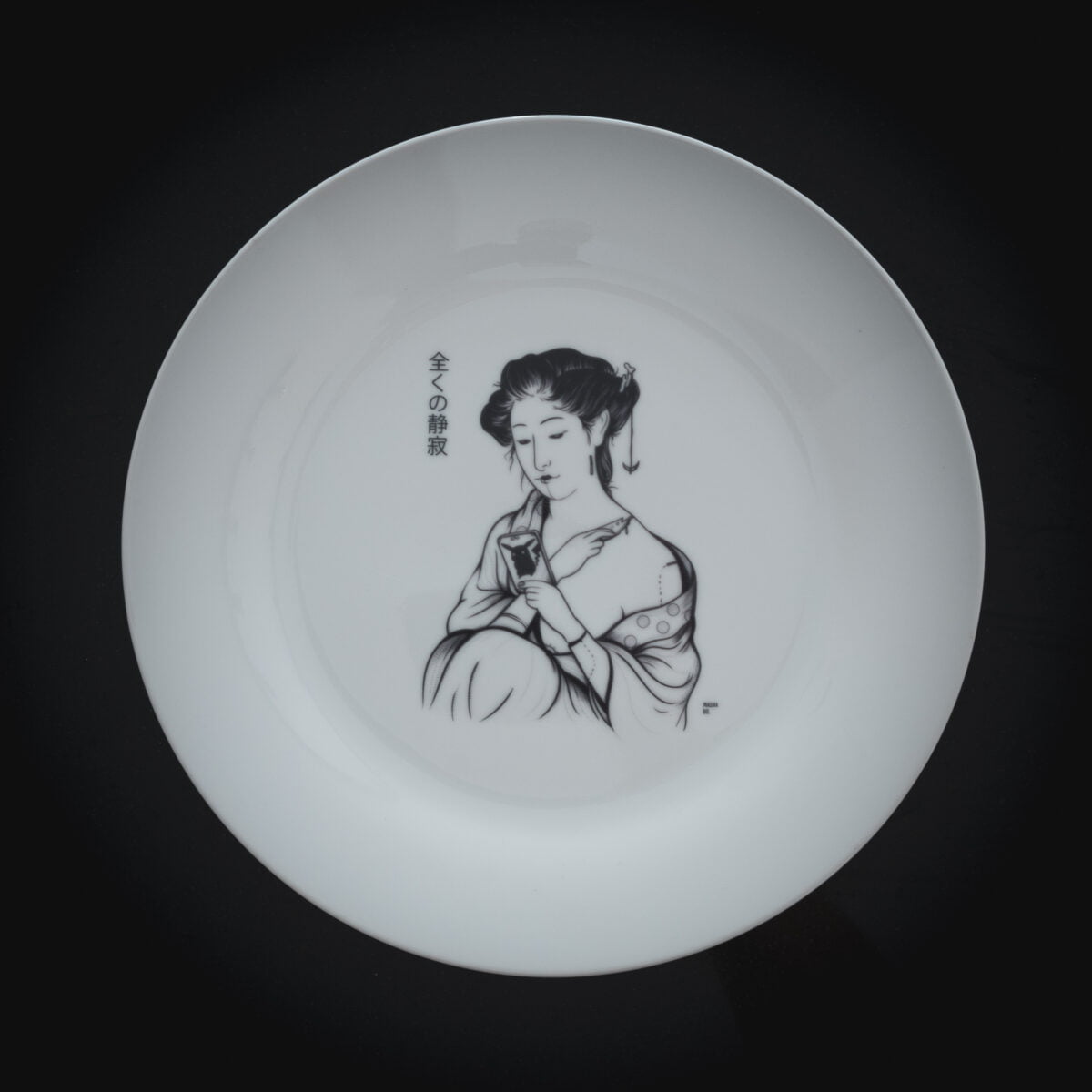 Original plate from contemporary artist - Masha Bo for sell. Plate with image woman with naked shoulder looking into her mirror reflection.