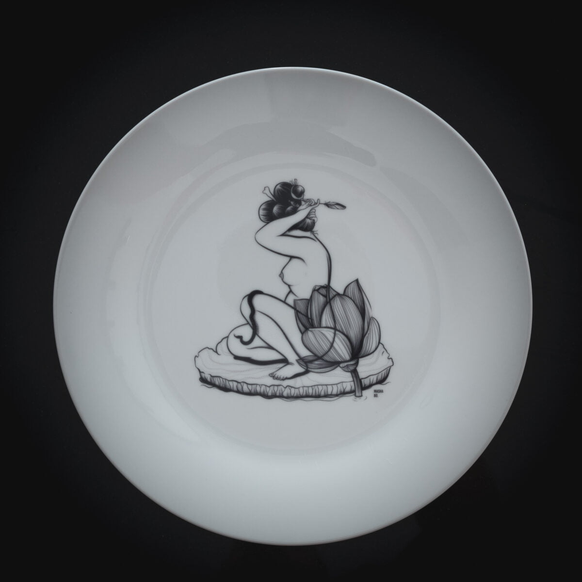Original plate from contemporary artist - Masha Bo for sell. Plate with image of naked woman sitting on lotus plant leaf and braids her hair. View from the back.