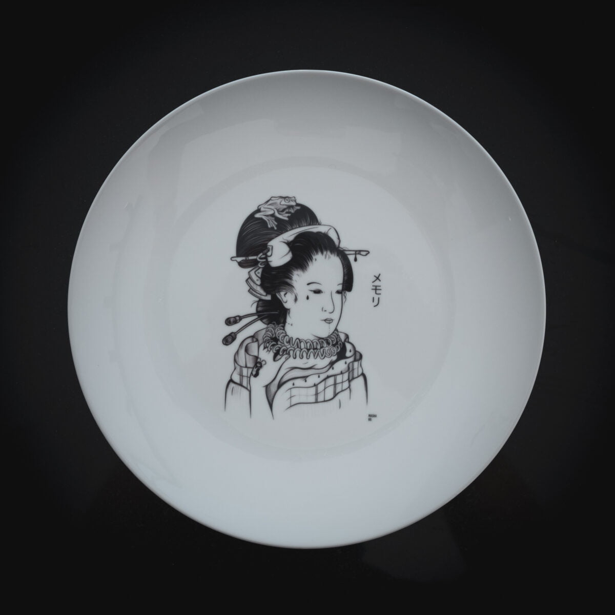 Original plate from contemporary artist - Masha Bo for sell. Plate with Asian style woman with classic old phone tube overhead. Around her neck wrapped phone tube wire. A drop of tears on her cheek. Seems she awaiting for important call.