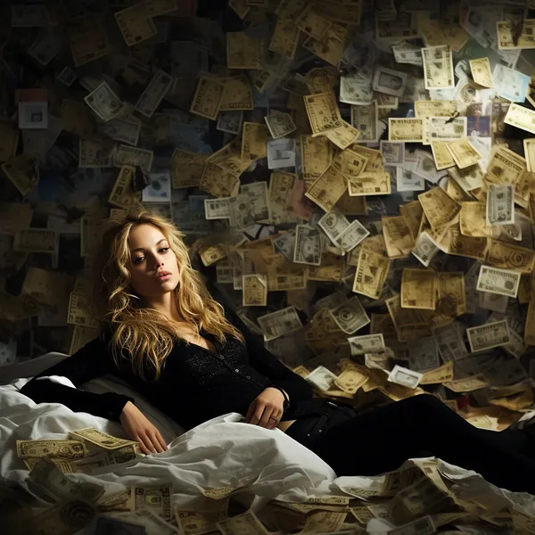 White long hair Woman in black clothes lying on white bedshit mixed with money. On the background wall with cuts of moneys wallpaper.